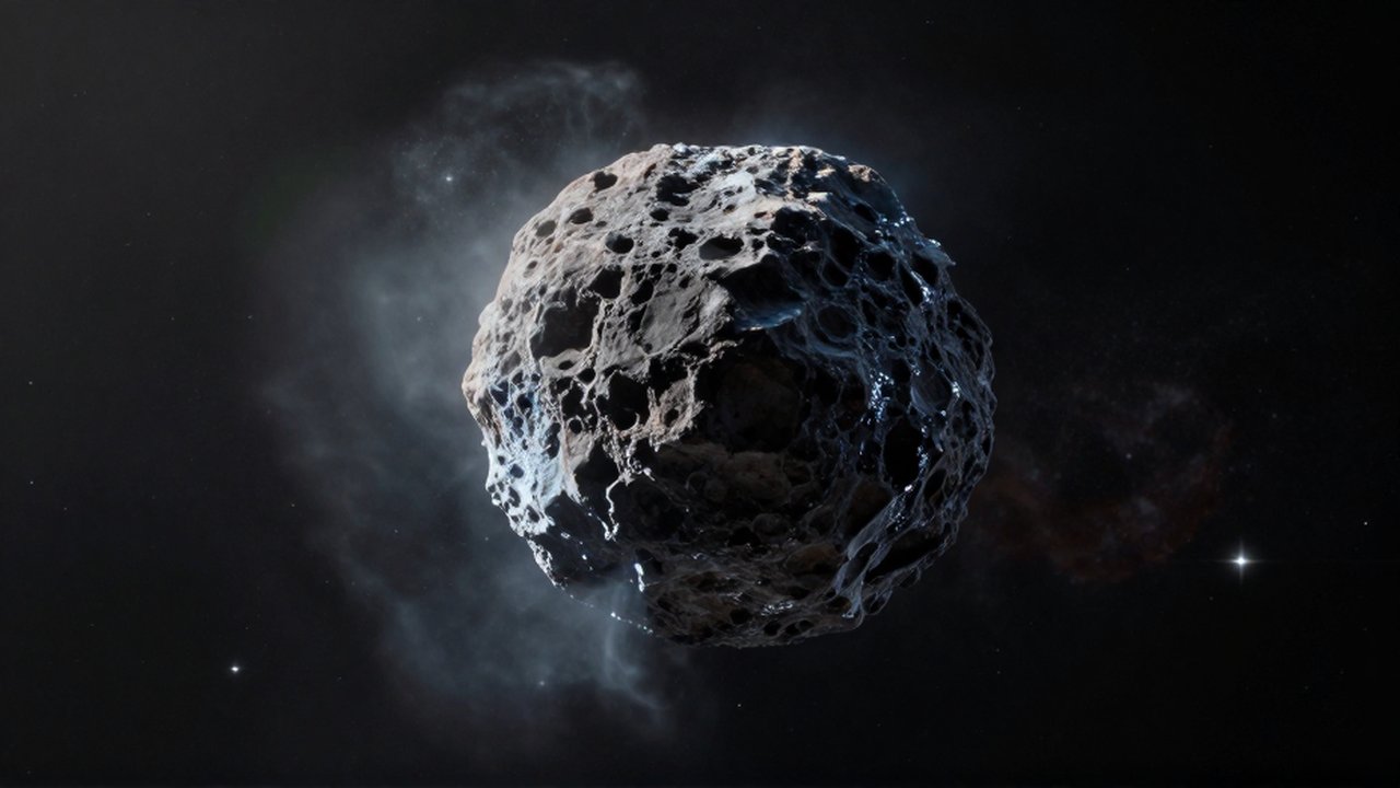 Primer plano de un núcleo de cometa rugoso y oscuro liberando chorros de gas entre estrellas.