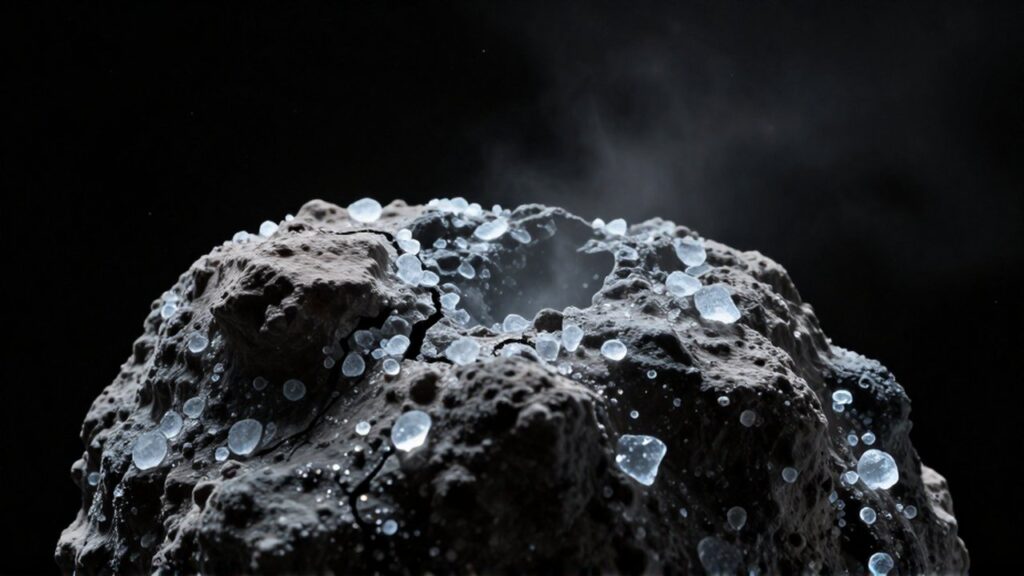 Primer plano detallado del núcleo irregular de un cometa con texturas de polvo oscuro y hielo brillante contra el espacio profundo.