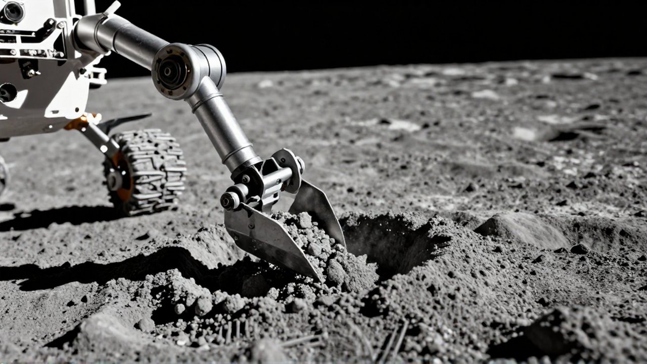 Primer plano de la pala metálica de un rover recolectando muestras de polvo gris en la superficie lunar.