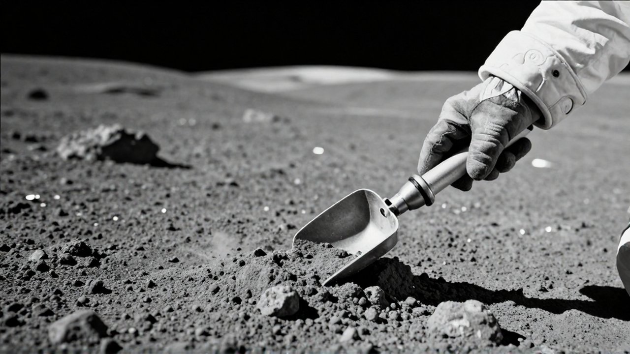 Un guante de astronauta recolecta polvo gris de la superficie lunar con una herramienta científica.