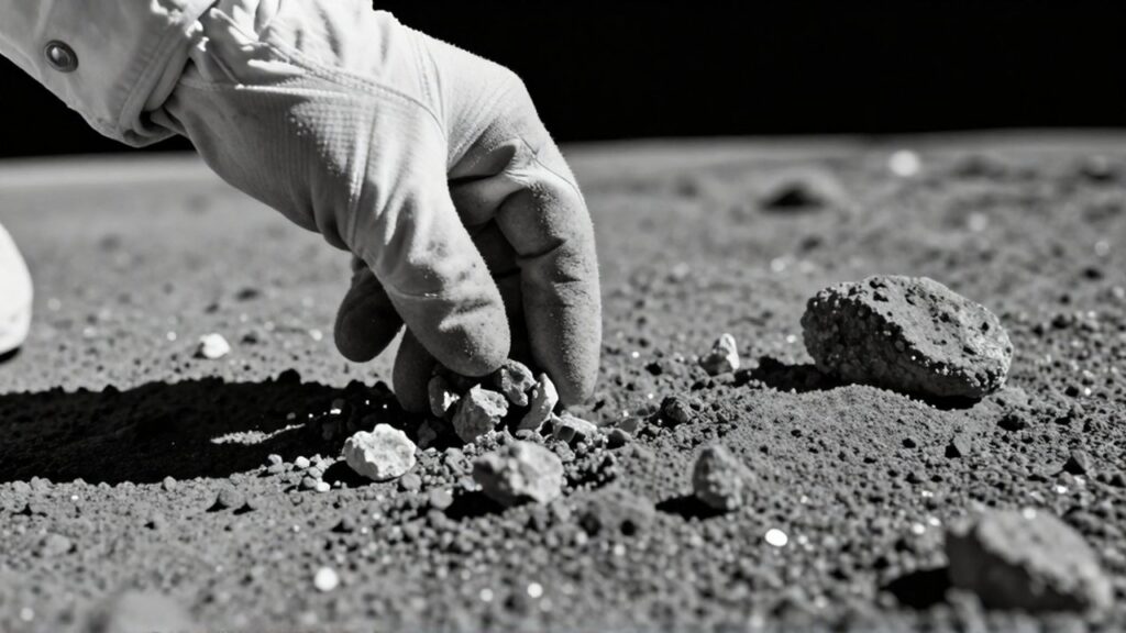 Un guante de astronauta toca la fina textura del polvo lunar en la superficie de la Luna.