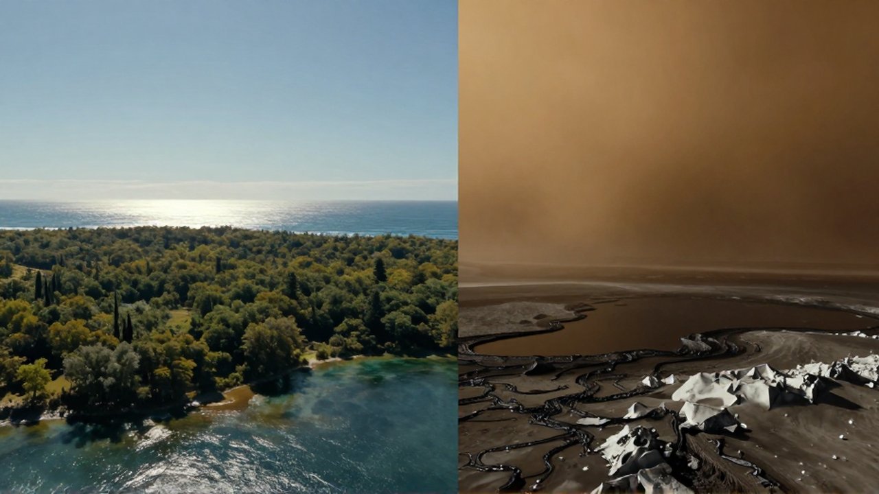 Pantalla dividida que compara el paisaje verde y azul de la Tierra con el entorno naranja y gélido de Titán.