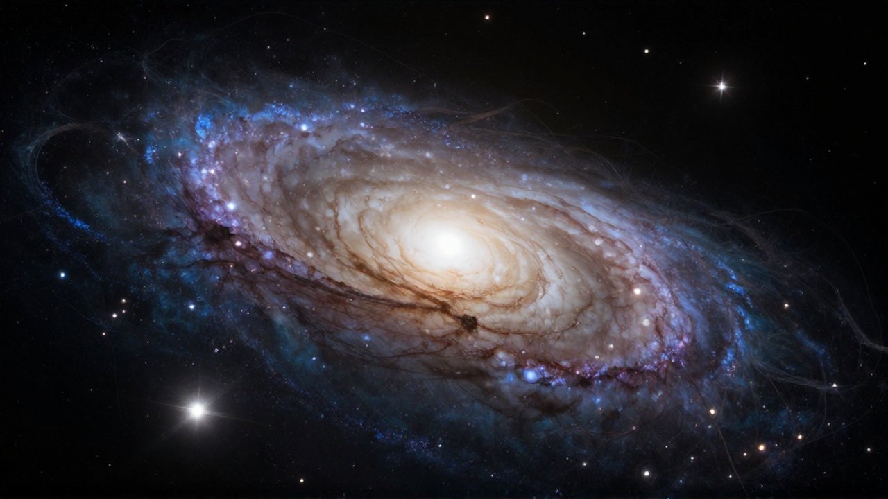 Espiral galáctica brillante con brazos luminosos y sutiles filamentos de materia oscura en el espacio profundo.