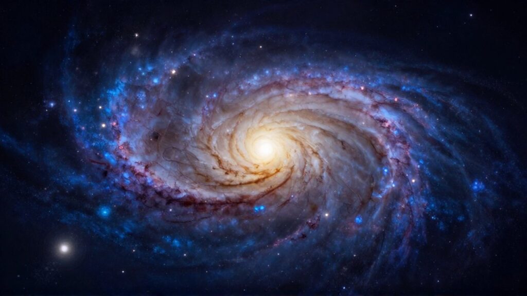Vista desde el espacio de una galaxia espiral con un núcleo brillante y brazos azulados.
