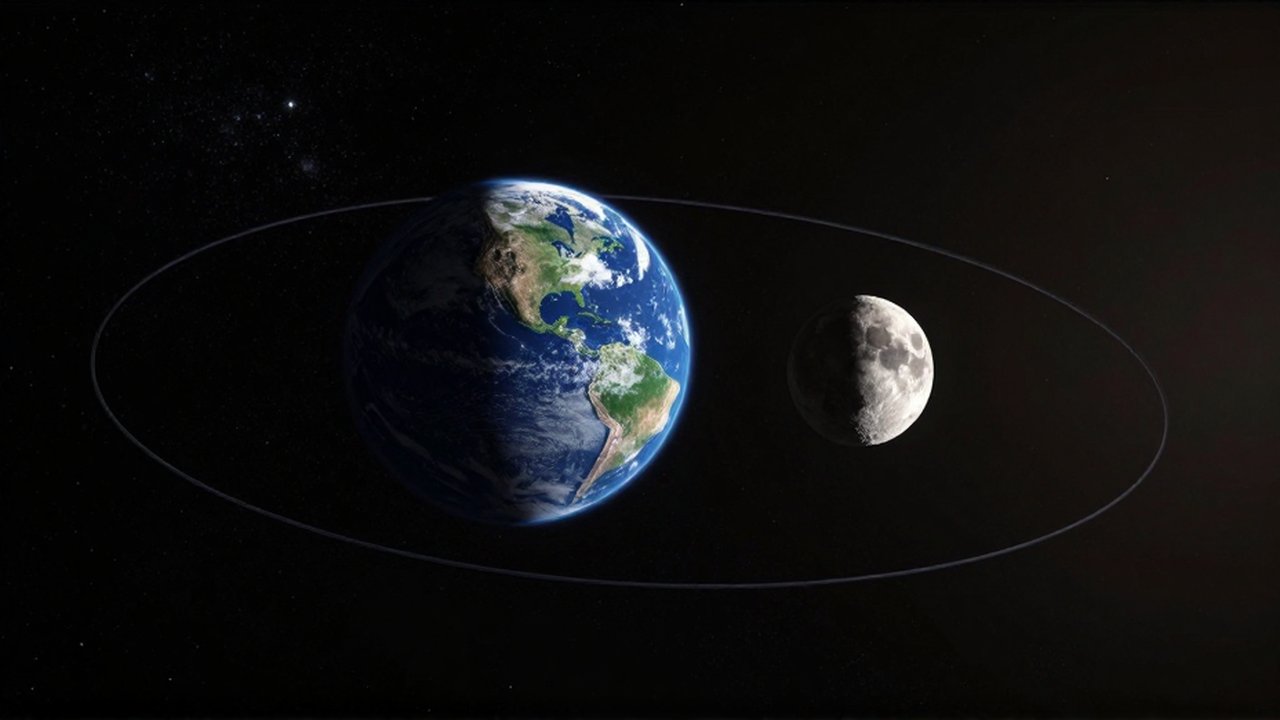La Tierra y la Luna orbitan en el espacio profundo bajo la iluminación de un sol distante.