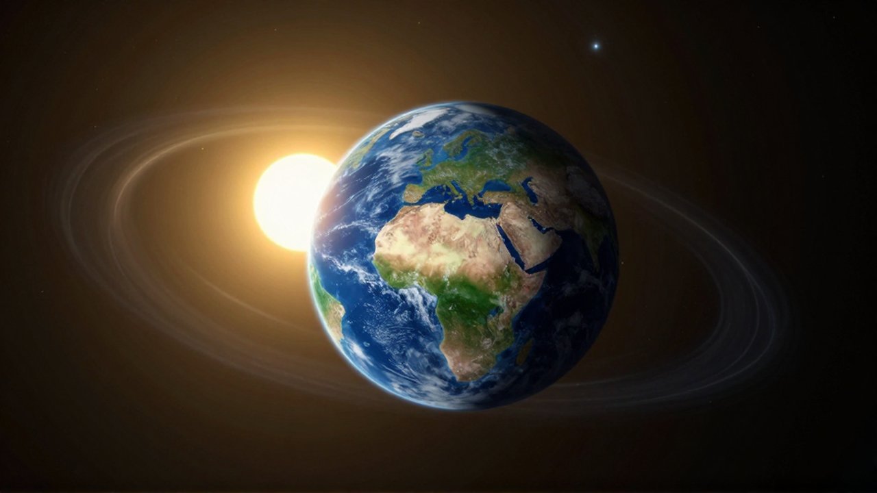 Exoplaneta rocoso con océanos azules y vegetación verde orbiando una estrella lejana en el espacio.