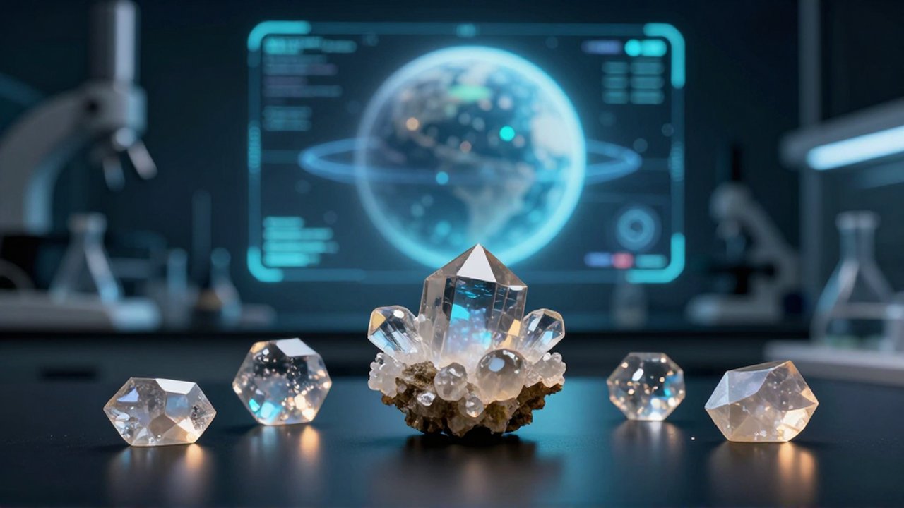Muestras de cristales translúcidos sobre una mesa de laboratorio frente a un holograma planetario luminoso.