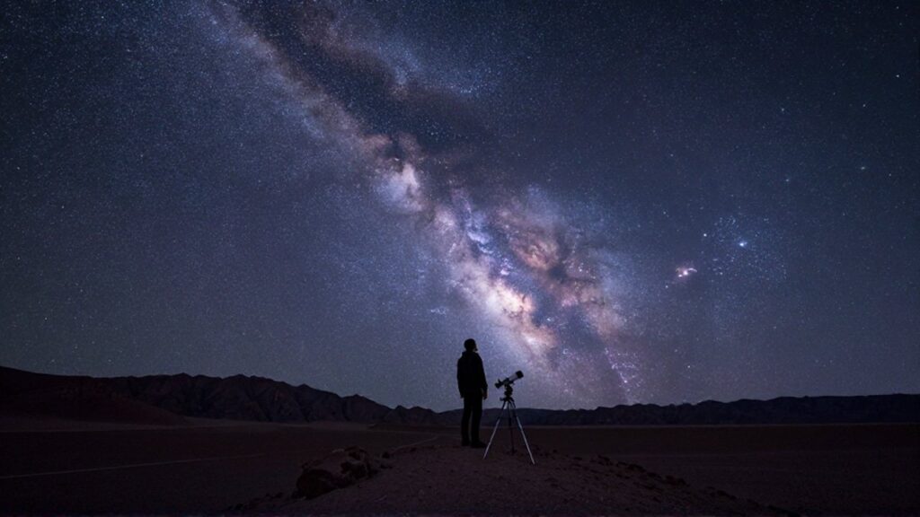 Astrónomo contempla la Vía Láctea y las estrellas desde un mirador en el desierto de Atacama.
