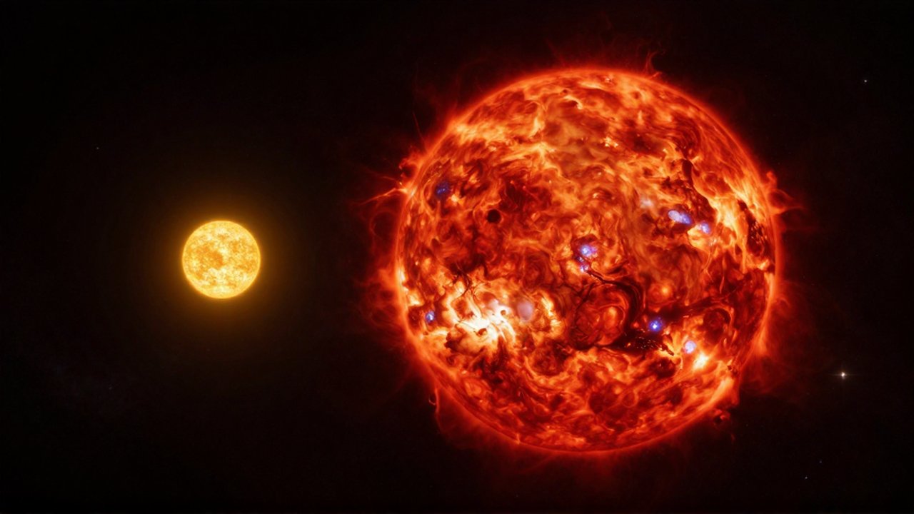 Una gigantesca estrella roja con superficie turbulenta junto a un sol pequeño en el espacio profundo.