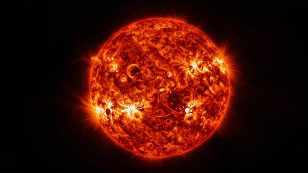Una gigantesca estrella roja en expansión con una superficie turbulenta de plasma brillante sobre un fondo estelar oscuro.