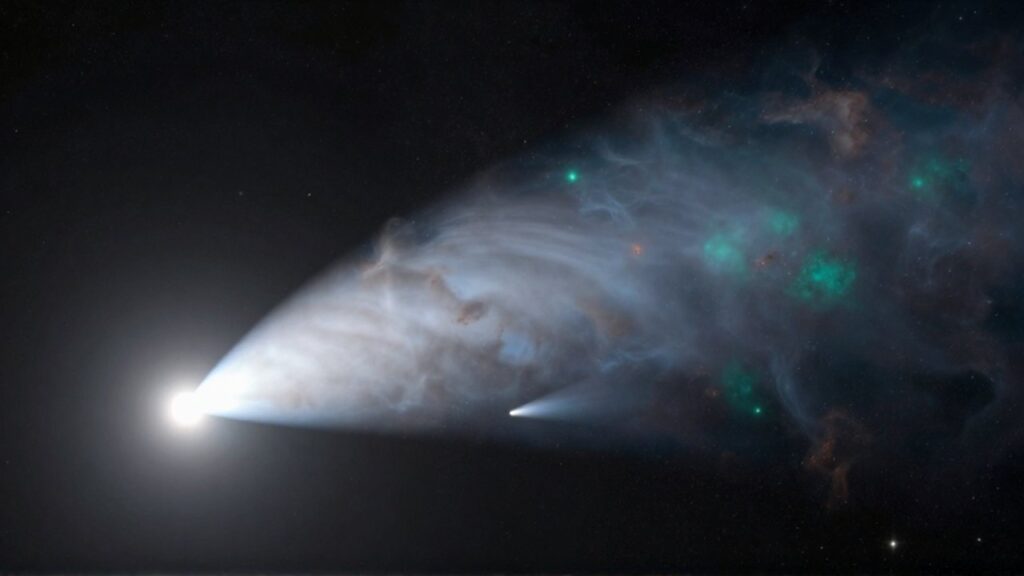 Comparación cinematográfica entre un cometa de período corto con cola brillante y un cometa de período largo con una extensa estela azulada.