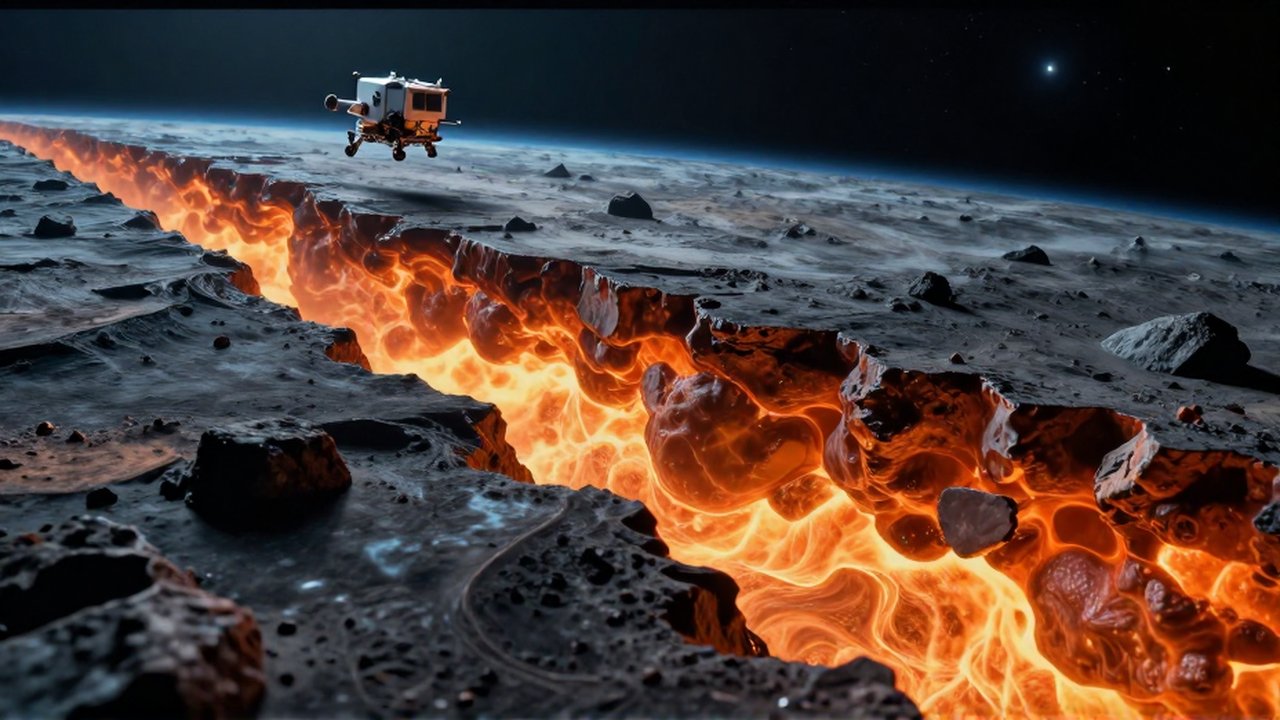Corte transversal de un planeta que muestra su corteza rocosa y un manto naranja brillante estudiado por una sonda.
