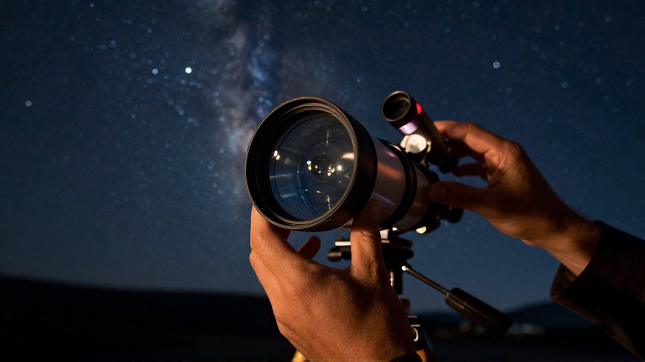 Manos de un astrónomo ajustando con precisión el lente de un telescopio bajo un cielo estrellado.
