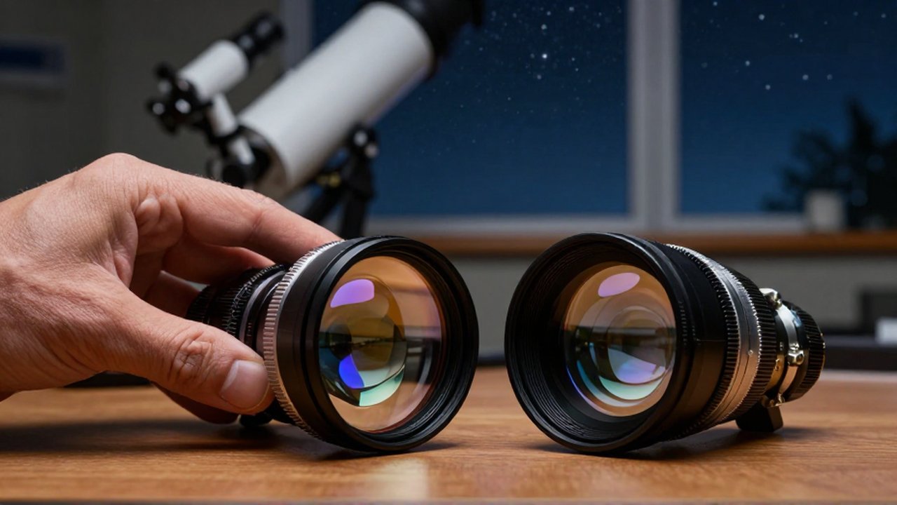 Manos de un astrónomo ajustando lentes de telescopio sobre un banco de madera en un observatorio.
