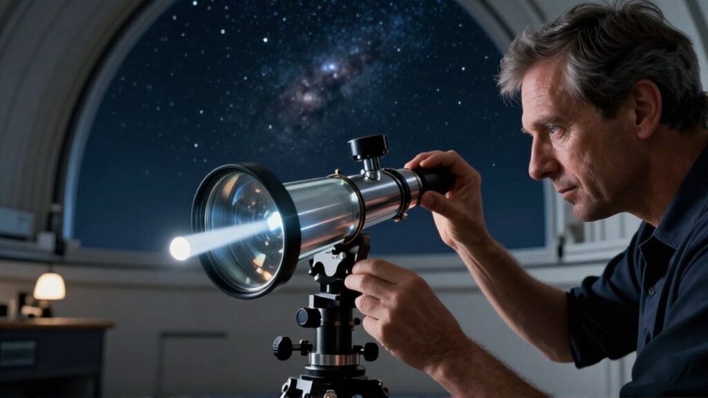 Un astrónomo ajusta las lentes de un telescopio profesional frente a un cielo estrellado.