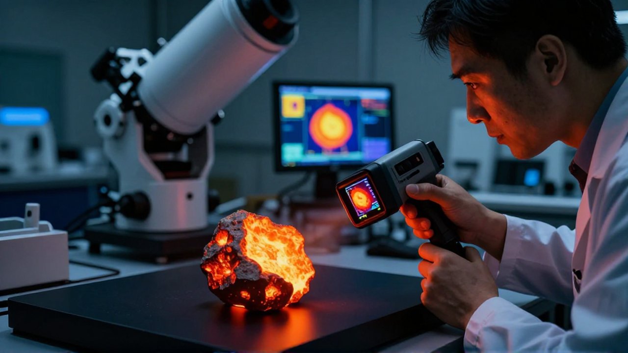 Un investigador analiza con una cámara térmica un fragmento de meteorito incandescente en un observatorio.