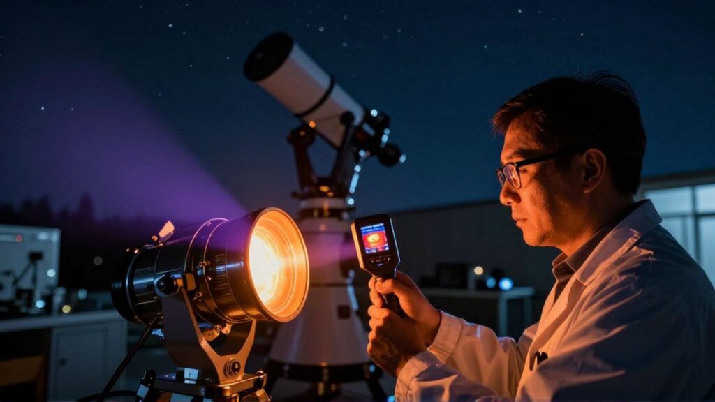 Un astrónomo escanea con un sensor térmico un componente metálico en un observatorio moderno.