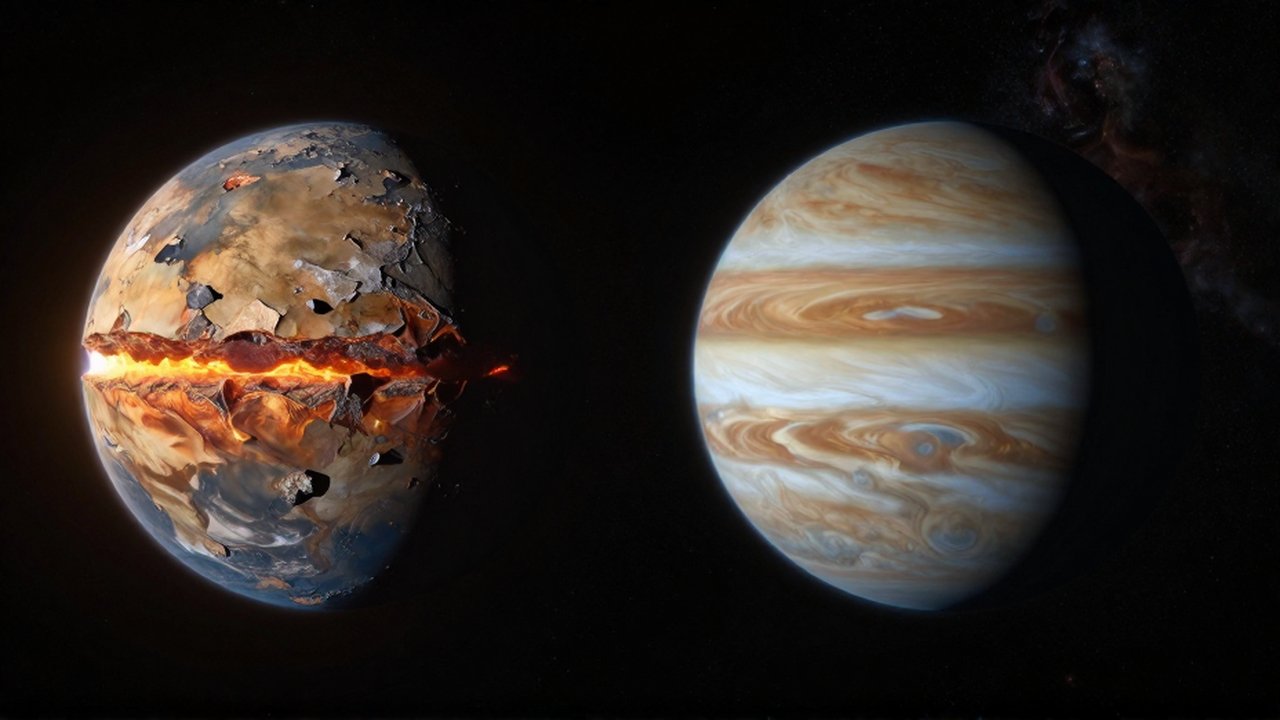 Comparativa científica entre un planeta rocoso y un gigante gaseoso con secciones transversales visibles en el espacio.