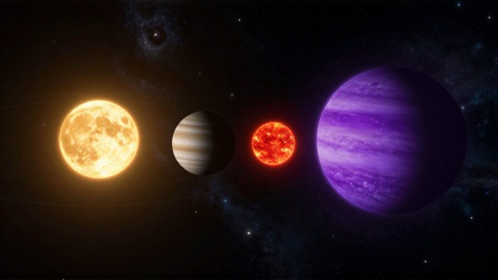 Comparación de un sistema solar con sol amarillo y un sistema binario con estrella roja y planeta violeta.