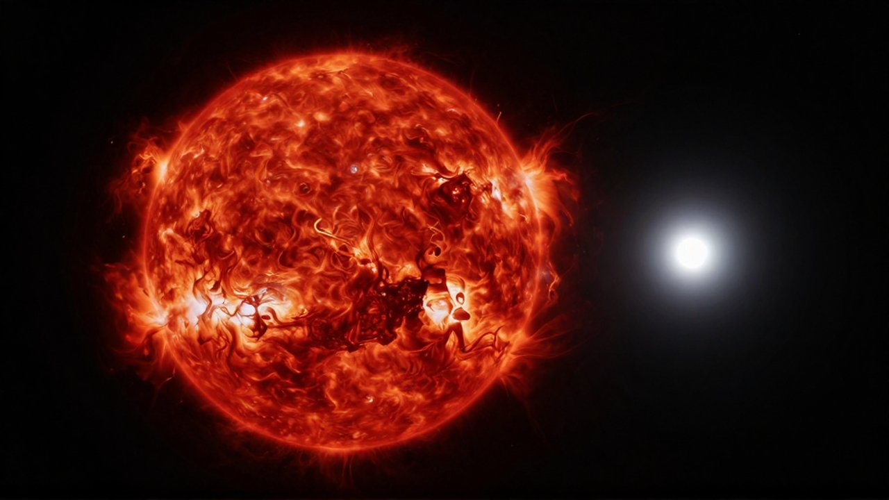 Una colosal estrella gigante roja de color carmesí junto a una diminuta y brillante enana blanca en el espacio profundo.