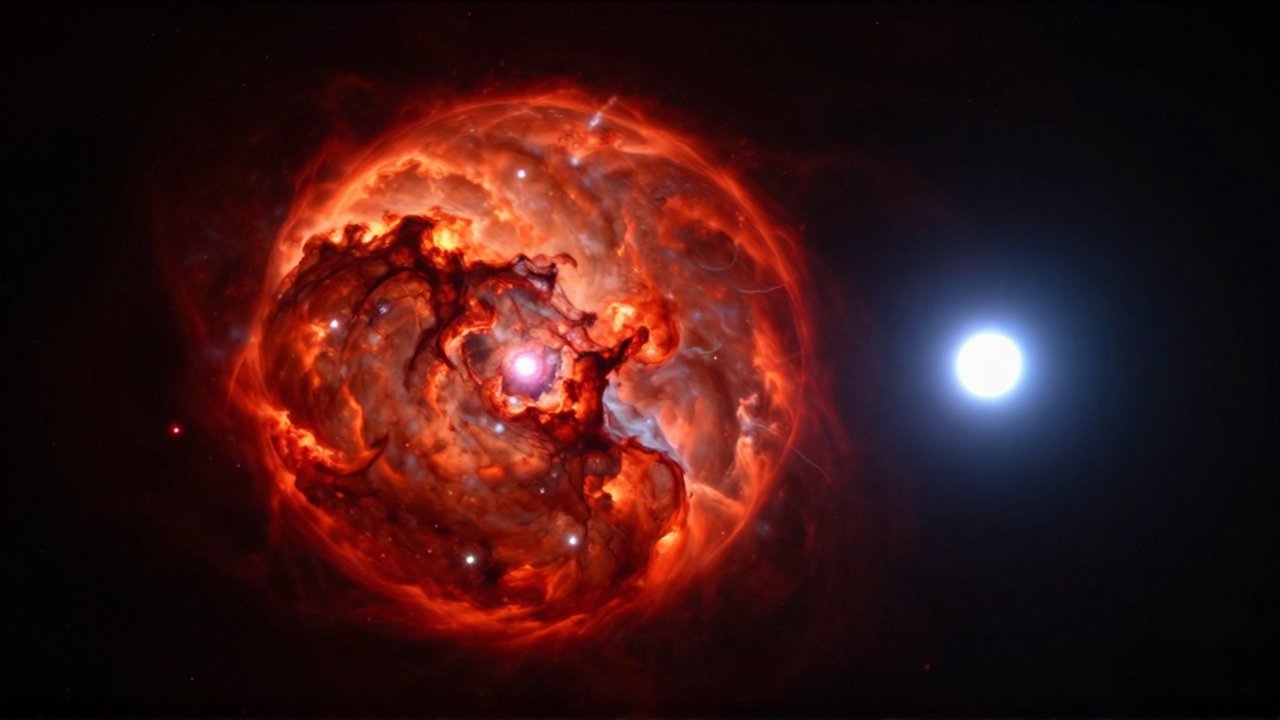 Una gigantesca estrella roja turbulenta junto a una diminuta y brillante enana blanca en el espacio.