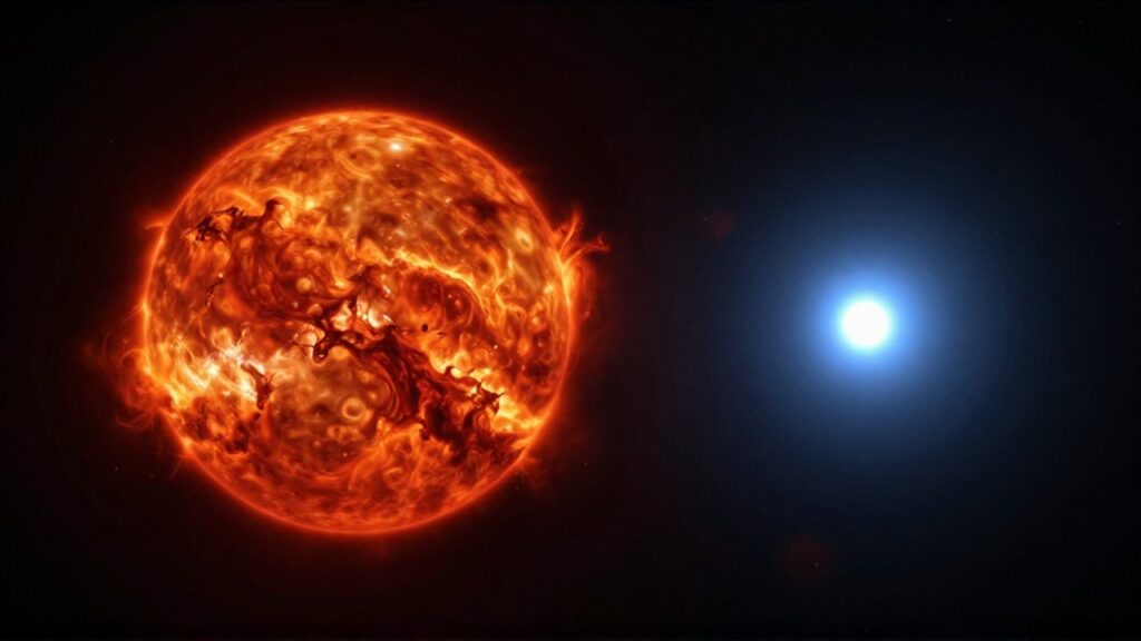Comparación visual de la enorme escala entre una gigante roja naranja y una pequeña enana blanca azulada en el espacio.