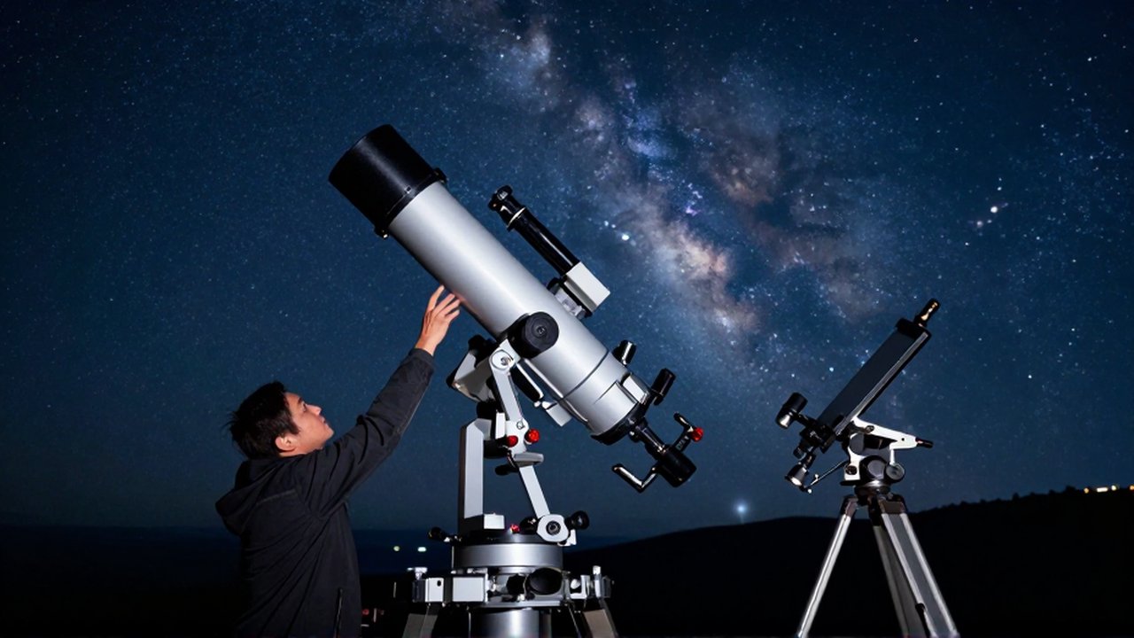 Astrónomo ajustando un montura ecuatorial detallada bajo la Vía Láctea en un observatorio nocturno.