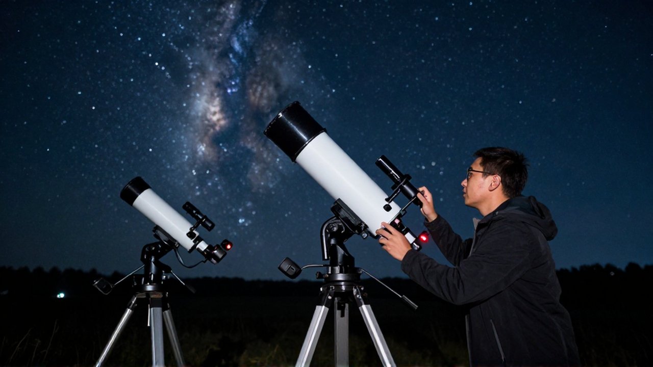 Astrónomo ajustando un telescopio ecuatorial sofisticado bajo un cielo estrellado y la Vía Láctea.