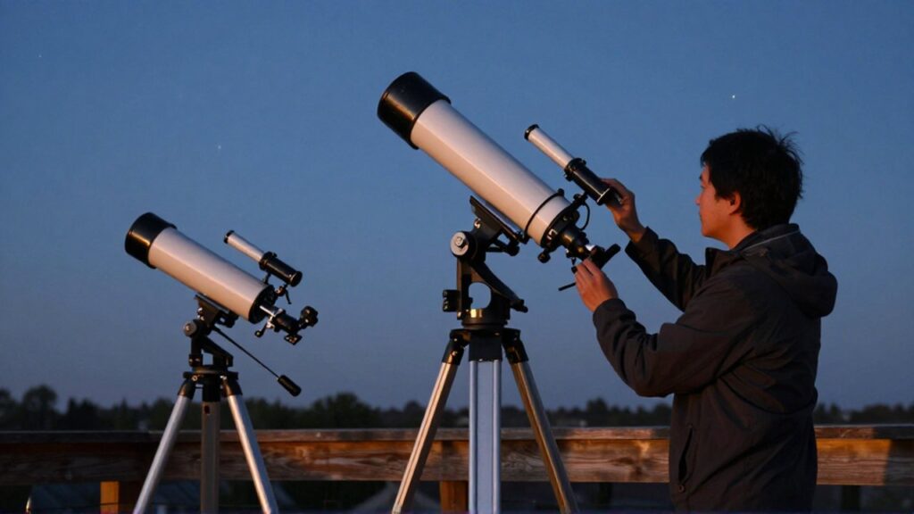 Un astrónomo ajusta un telescopio de montura ecuatorial junto a uno de montura altazimutal en una terraza al anochecer.