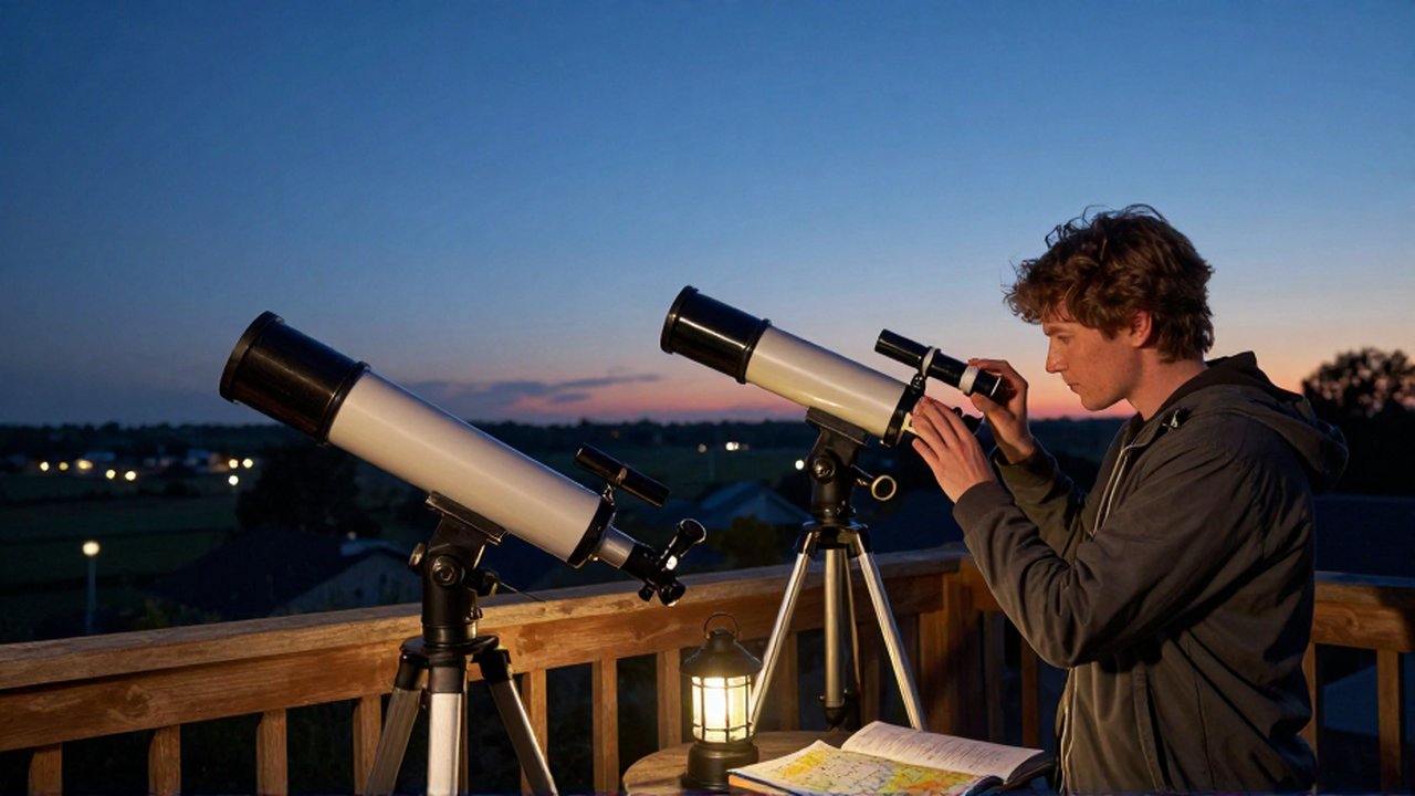 Un astrónomo compara un telescopio refractor y uno reflector en un balcón al atardecer.