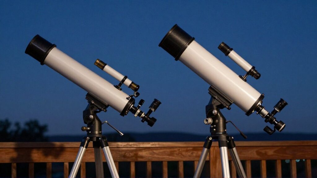 Comparación detallada de un telescopio refractor delgado y un reflector Newtoniano sobre un balcón al anochecer.