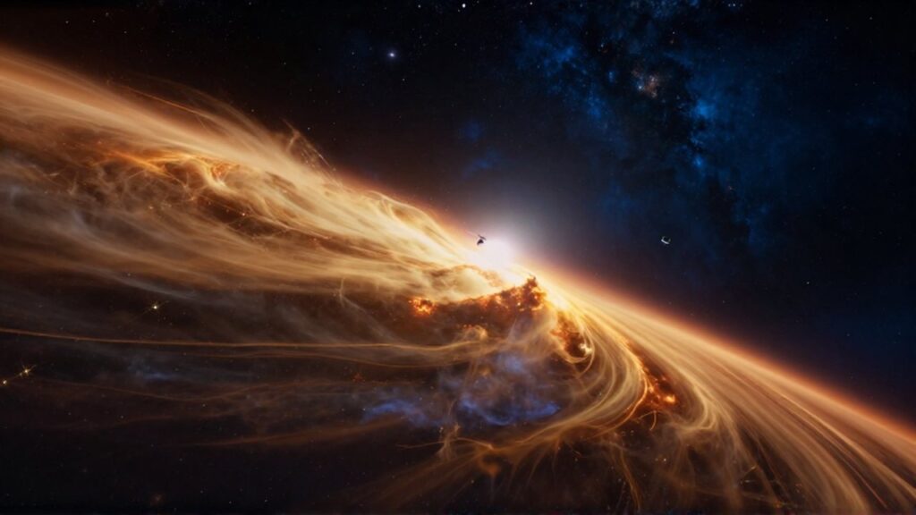 Onda de choque dorada donde el viento solar choca contra el espacio interestelar profundo.