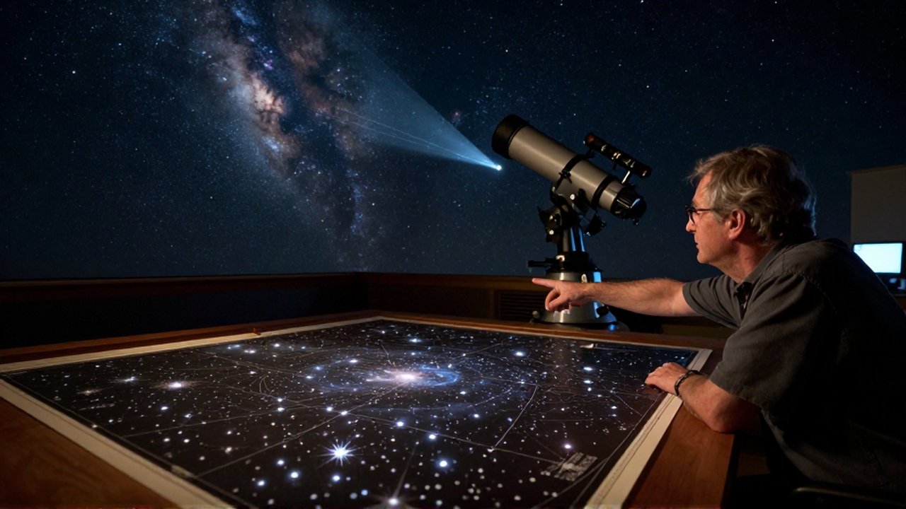 Un astrónomo señala un mapa estelar detallado en un observatorio con un gran telescopio al fondo.