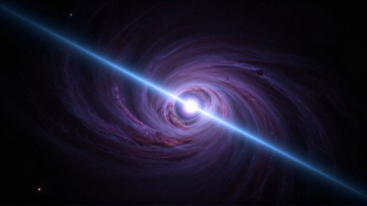 Púlsar de color azul intenso emitiendo dos haces de luz brillantes desde sus polos en el espacio.