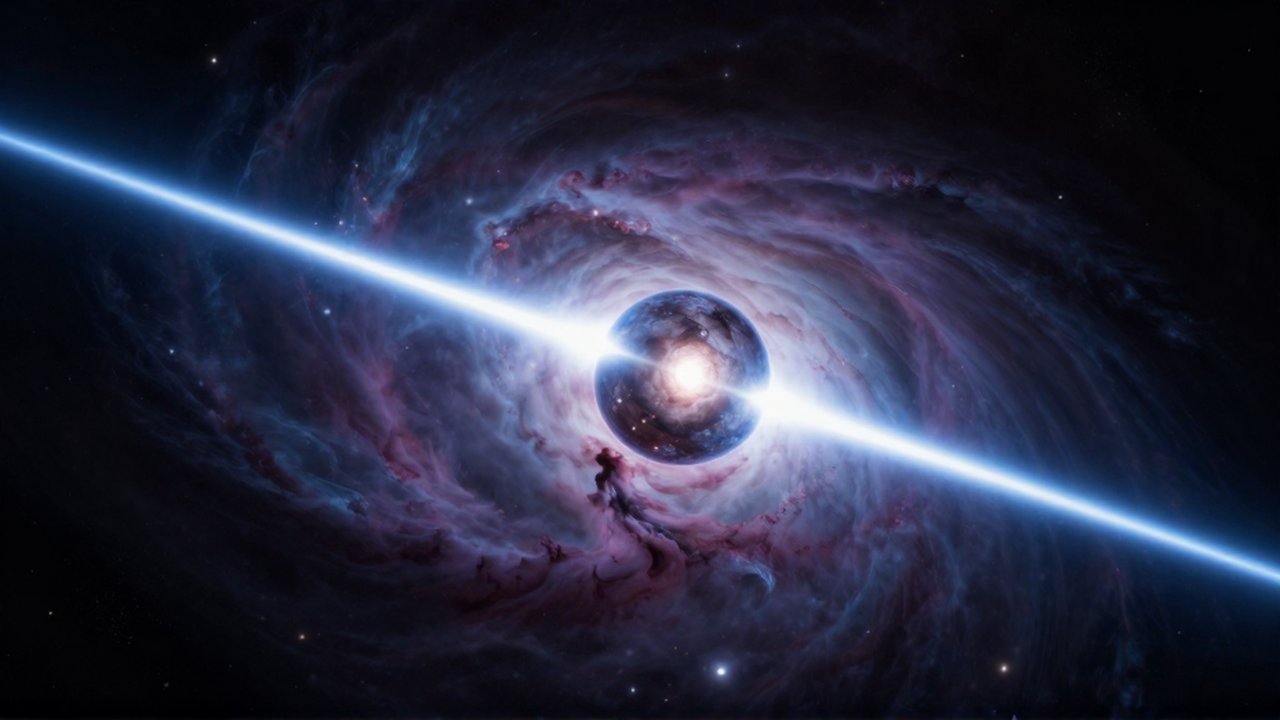 Un púlsar giratorio emite dos intensos haces de luz azul a través de una nebulosa de gas brillante.