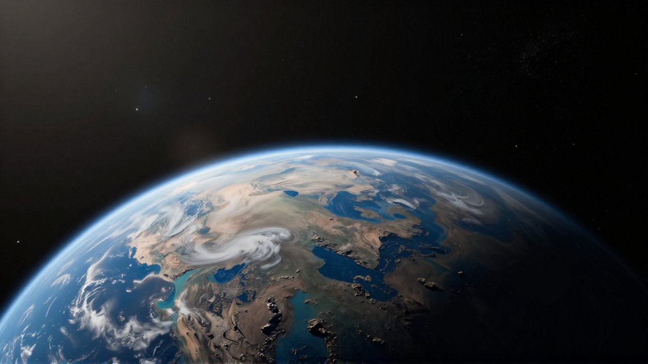 Vista orbital de un exoplaneta rocoso con océanos azules, continentes marrones y nubes blancas entre estrellas.