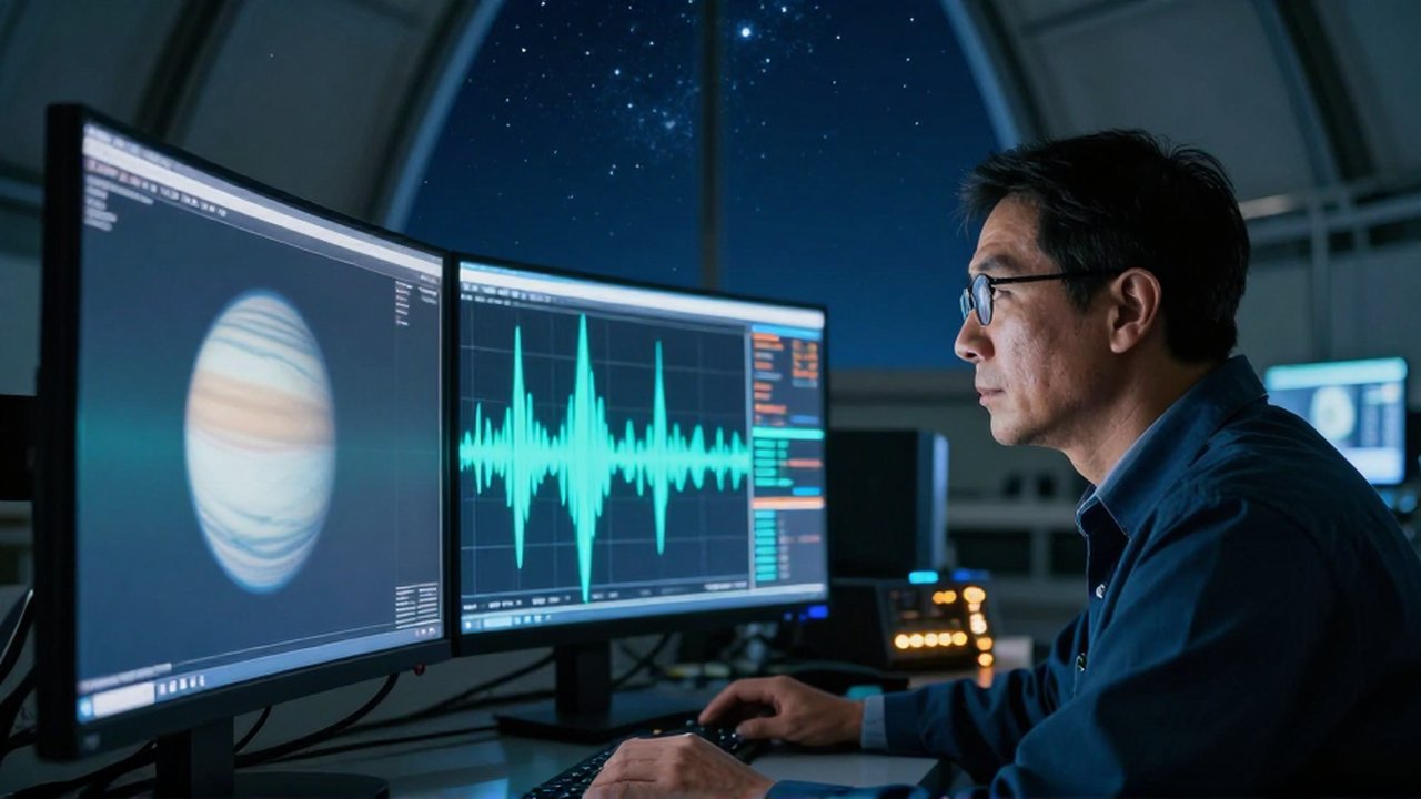 Astrónomo analizando espectros en un monitor curvo junto a un holograma de un exoplaneta.