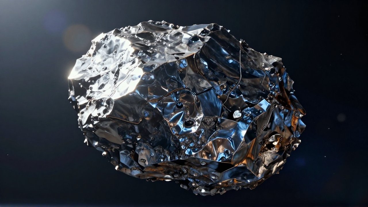 Asteroide metálico de textura rugosa y vetas brillantes flotando ante una nebulosa en el espacio.