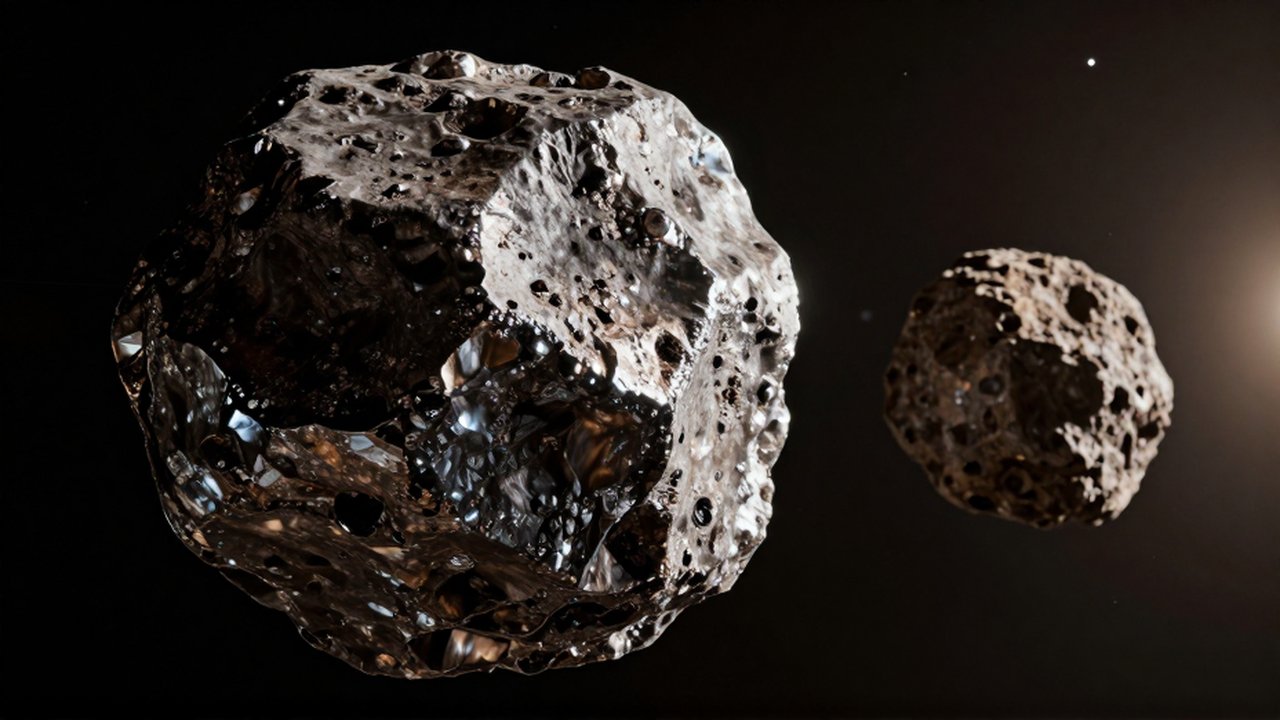 Primer plano de un asteroide metálico rugoso junto a uno rocoso en el espacio profundo.