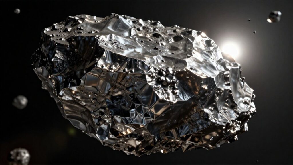 Primer plano de un asteroide metálico rugoso con vetas brillantes flotando en el espacio profundo.