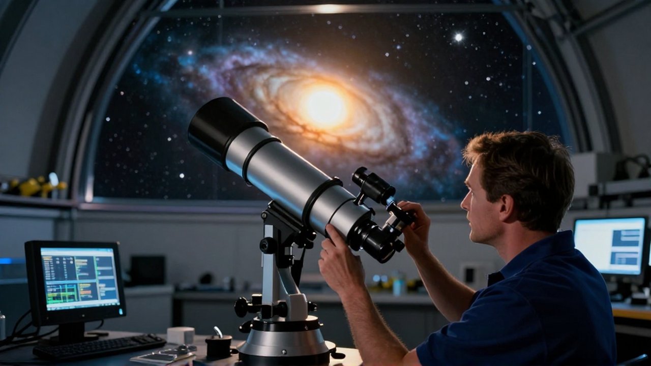 Astrofísico trabajando con un telescopio de alta tecnología en un observatorio frente a un cielo estrellado.