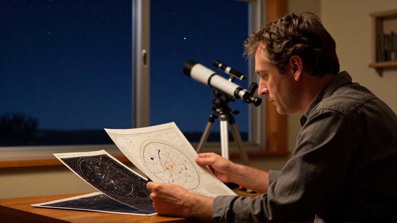 Astrónomo concentrado comparando mapas estelares junto a un telescopio bajo un cielo nocturno estrellado.