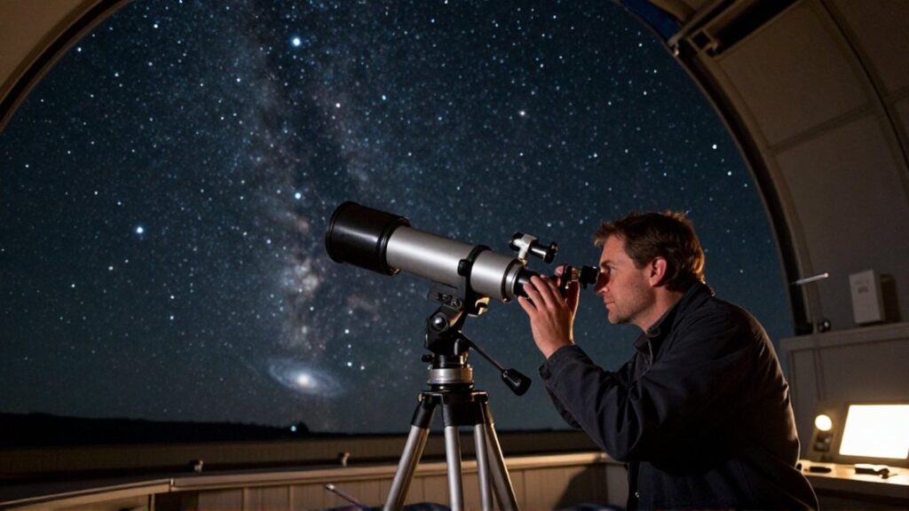 Astrónomo concentrado observando un cielo estrellado a través de un telescopio de alta tecnología en un observatorio.