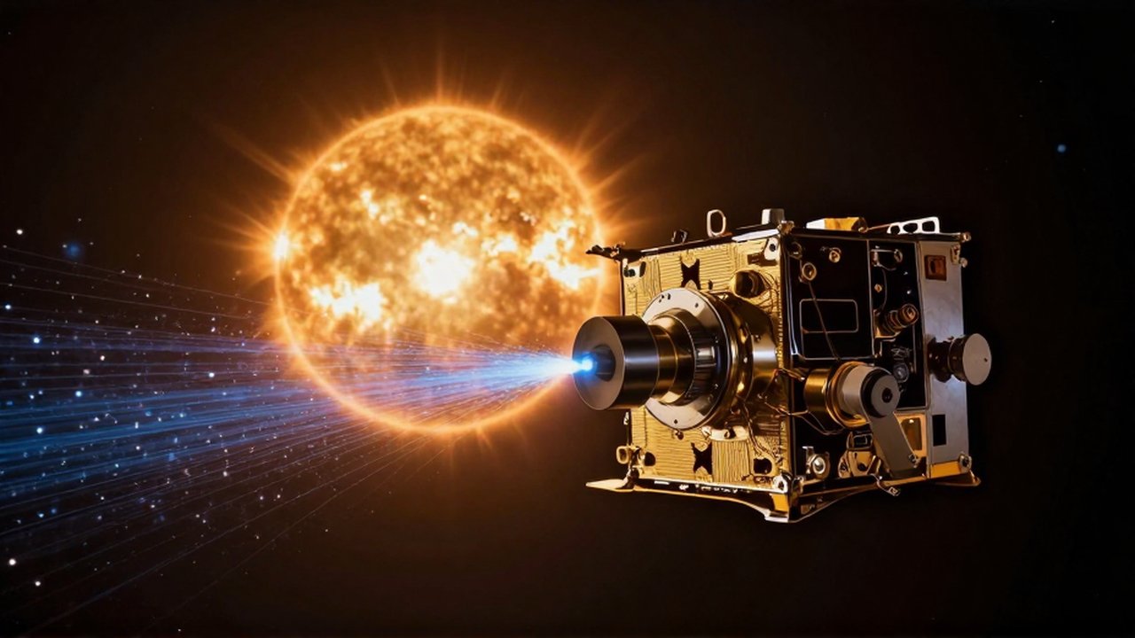 Un instrumento científico metálico detecta partículas brillantes frente al resplandor del sol en el espacio.