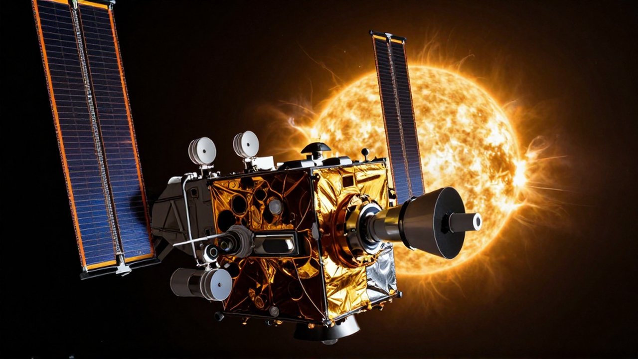 Satélite científico con sensores metálicos orbitando cerca de la brillante corona solar en el espacio.