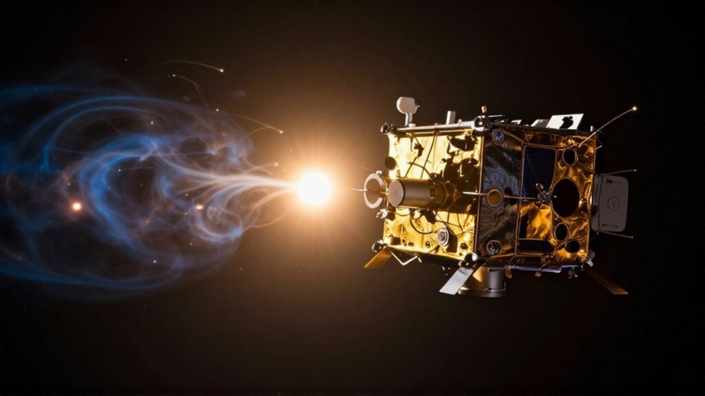 Sonda científica metálica capturando partículas de plasma dorado en el espacio profundo bajo la luz solar.
