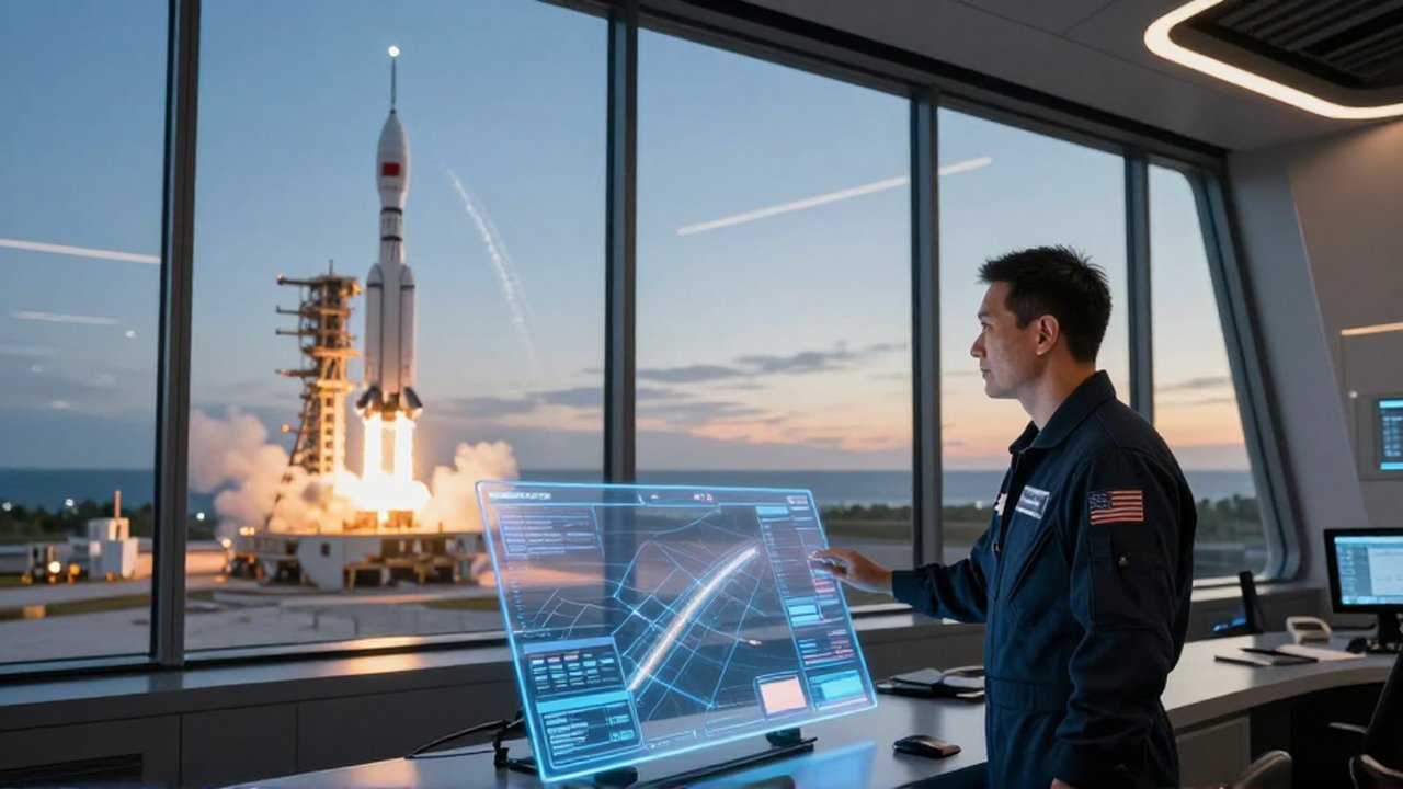 Ingeniero aeroespacial monitoreando un holograma de trayectoria mientras un cohete despega al atardecer.