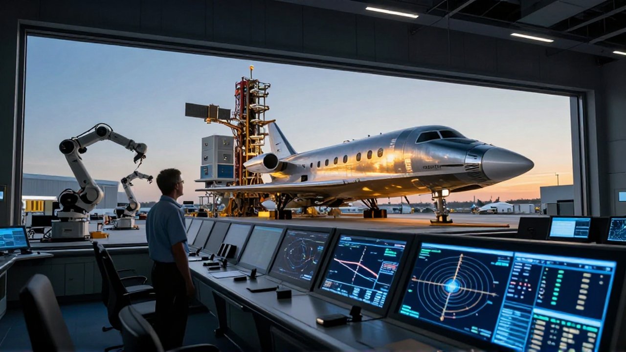 Ingeniero aeroespacial observa desde una sala de control la preparación de una nave espacial en un puerto tecnológico.