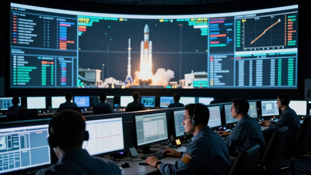 Equipo de controladores de misión monitoreando el lanzamiento de un cohete en un centro de control de alta tecnología.