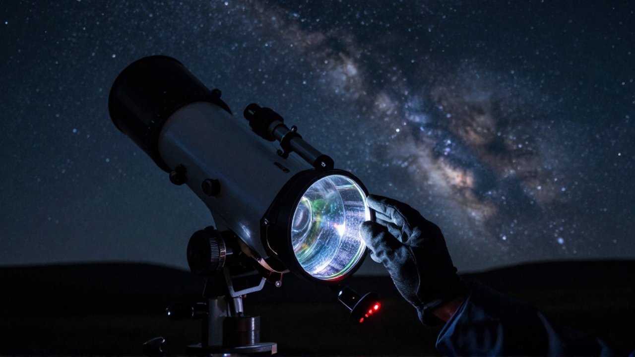 Una mano con guante coloca un filtro de cristal en un telescopio de alta gama bajo un cielo estrellado.